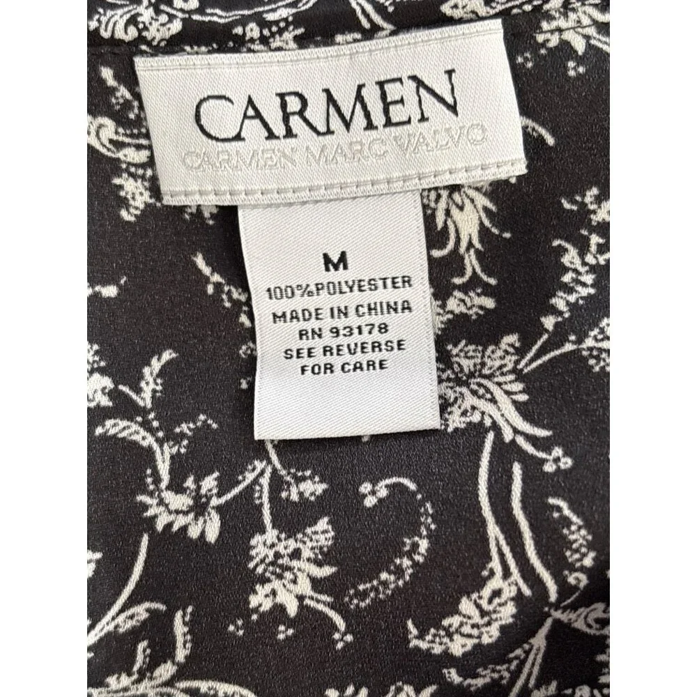Carmen Marc Valvo Blouse Size Medium Floral Long Sleeve Blak White Witchy Boho - Picture 3 of 6